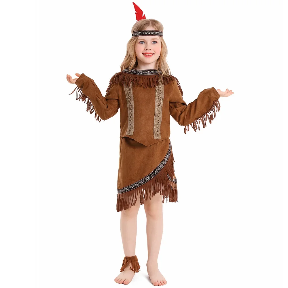 

Halloween Girls Cosplay Indian Indigenous Costume for Kids Brown Fringe Top Skirt Party Aboriginal Outfit Slave Archer Costumes