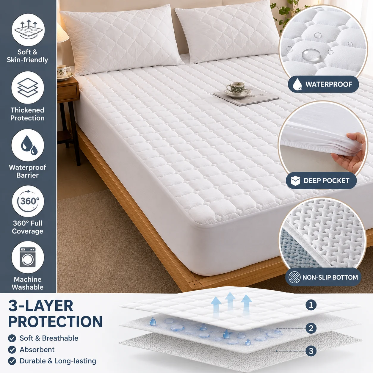 Mattress Protector Waterproof - Waterproof Mattress Protector Washed Cotton Quilted