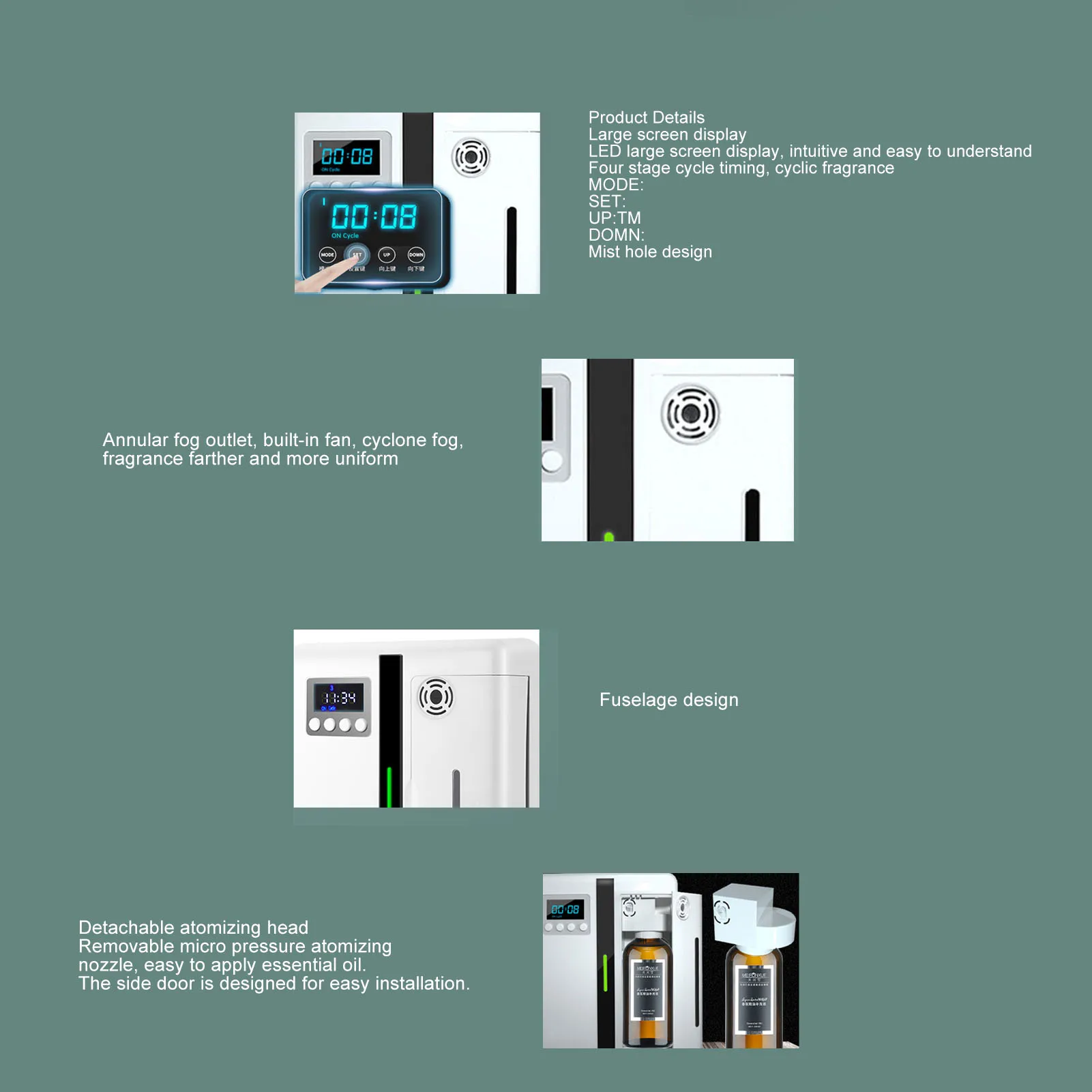 Fragranza ciclica della macchina dell'aria Display a grande schermo Diffusore intelligente Temporizzazione di lavoro silenziosa Uscita nebbia anulare per hotel