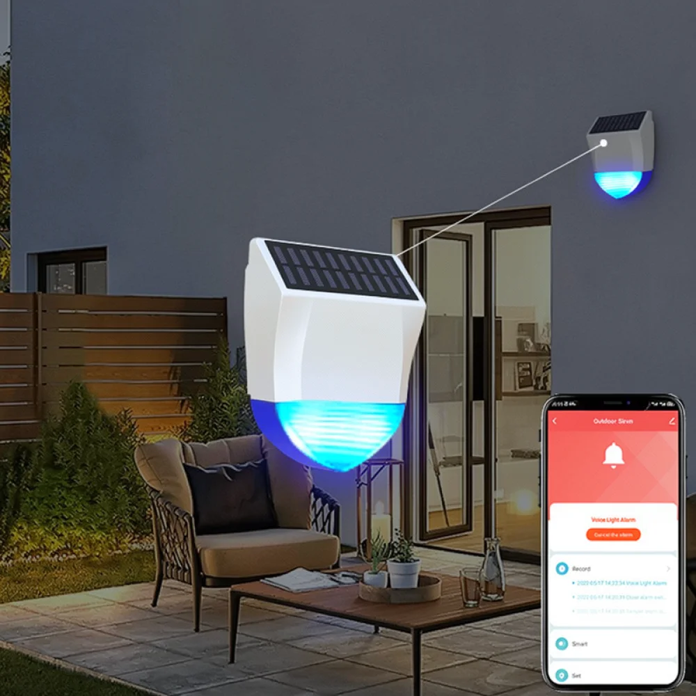 Solar Powered Outdoor Siren Alarm WiFi Zigbee Matter Smart Home Security Strobe Light Waterproof Wireless System