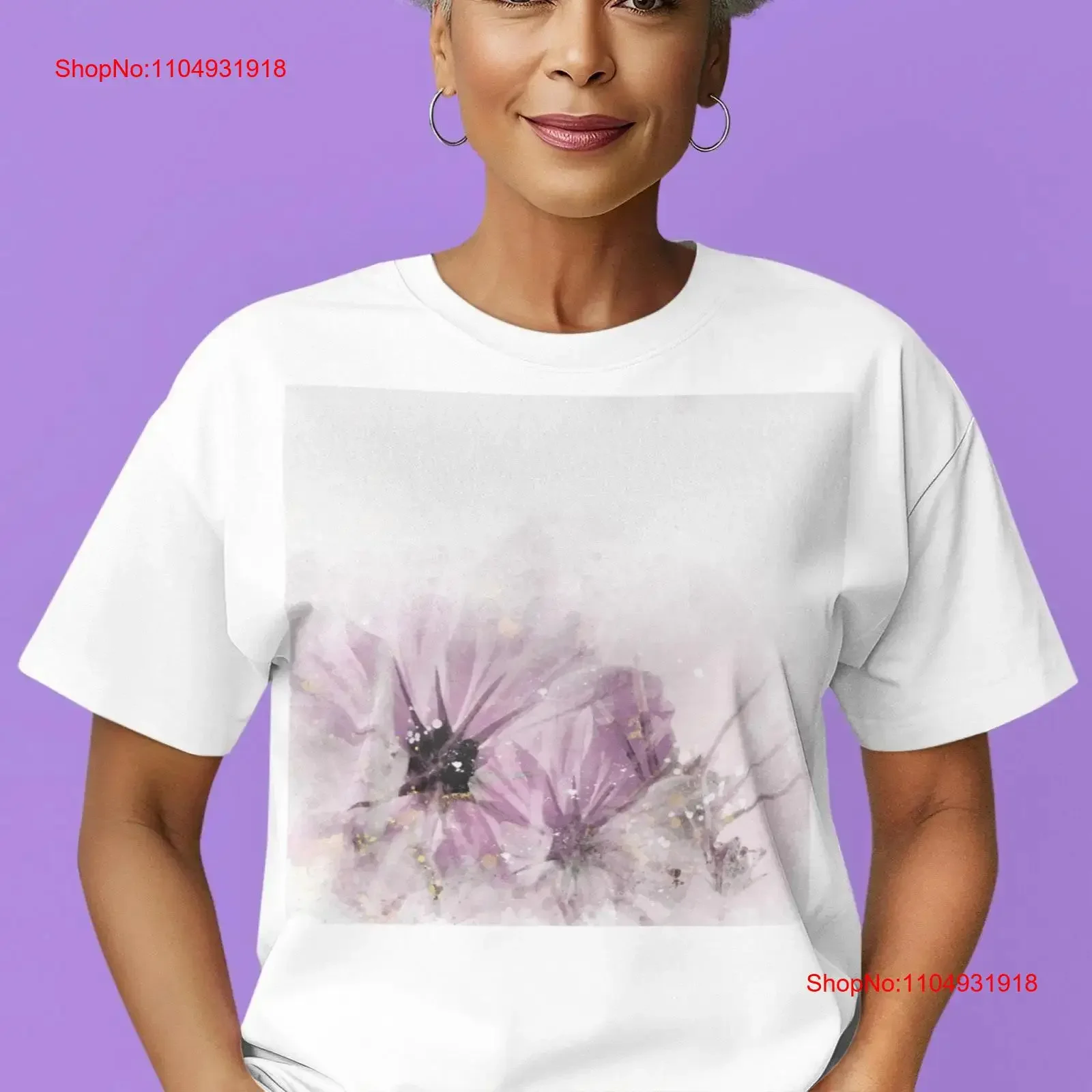 

Pink and Purple Watercolor Flowers T shirt Soft Gray Background Floral vintage Washed Top For Everyday Wear Breathable homme