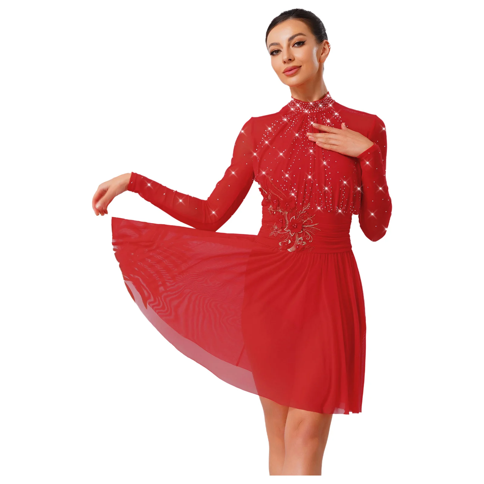 

Backless Lyrical Figure Skating Dance Dress Womens Embroidery Applique Rhinestones Long Sleeve Ruched Ballet Gymnastics Leotards