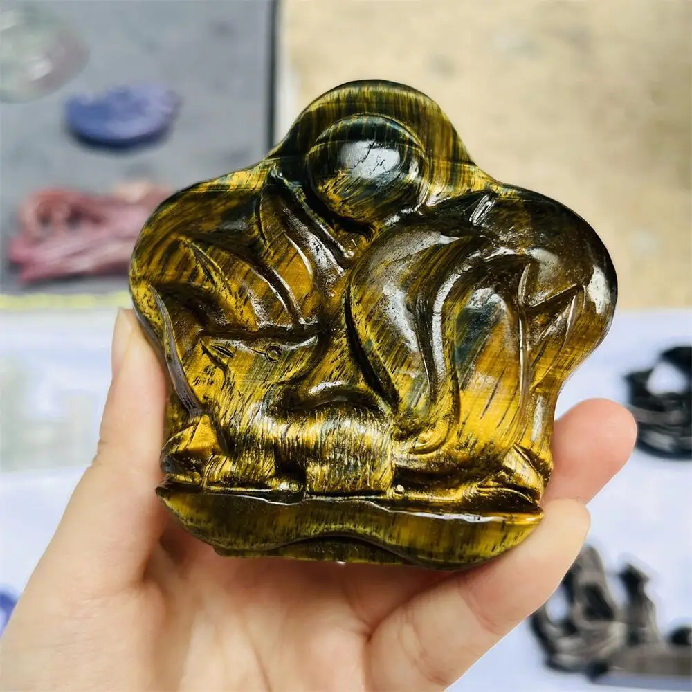 Natural Crystal Tiger Eye Stone Nine-Tailed Fox Carving Polished Healing Feng Shui Animal Figurine Home Ornament Craft Gift