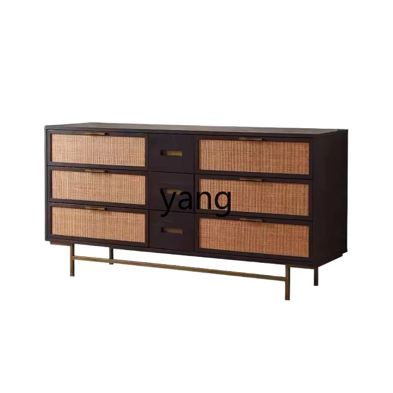 

CX modern simple medieval retro old wabi sandy wind solid wood oak rattan six chest cabinet