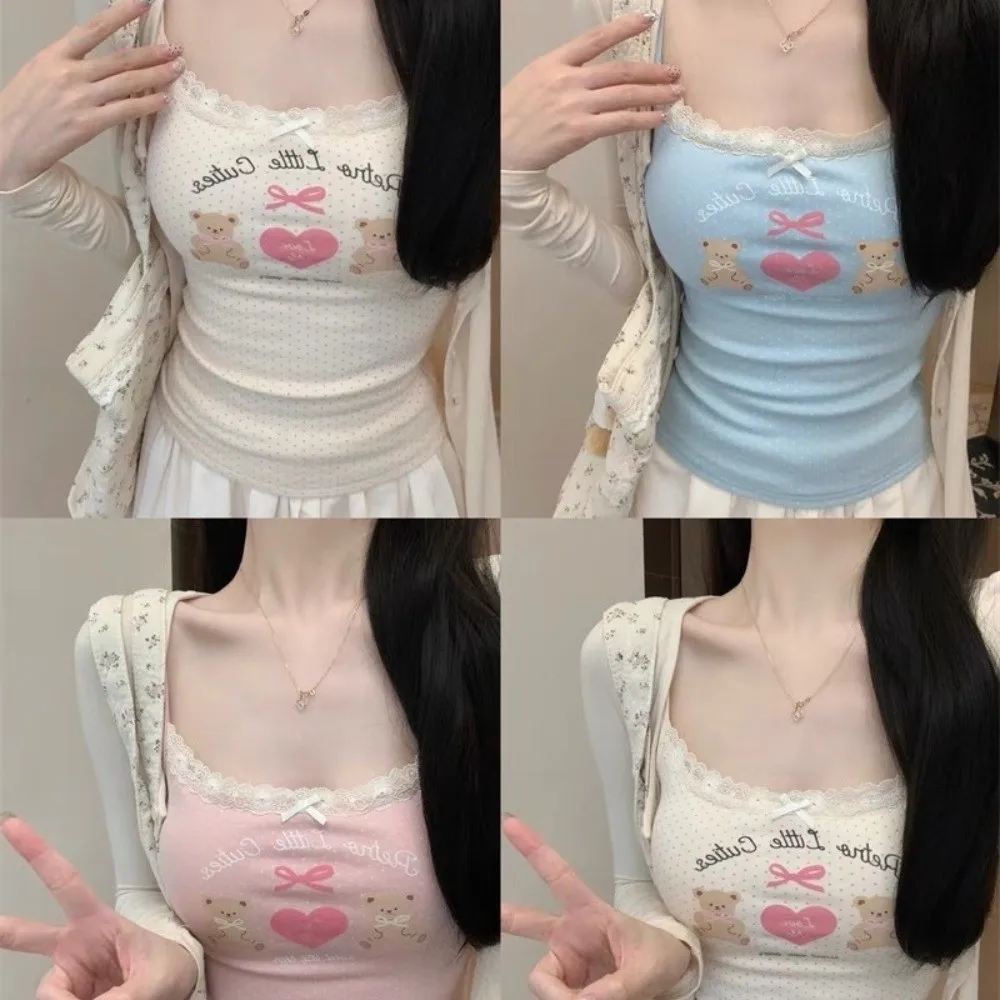 Graffiti Print Camisole Top Cute Bear Design Built-in Chest Pad Tank Top Lace Trimmed Innerwear Outerwear short top Women