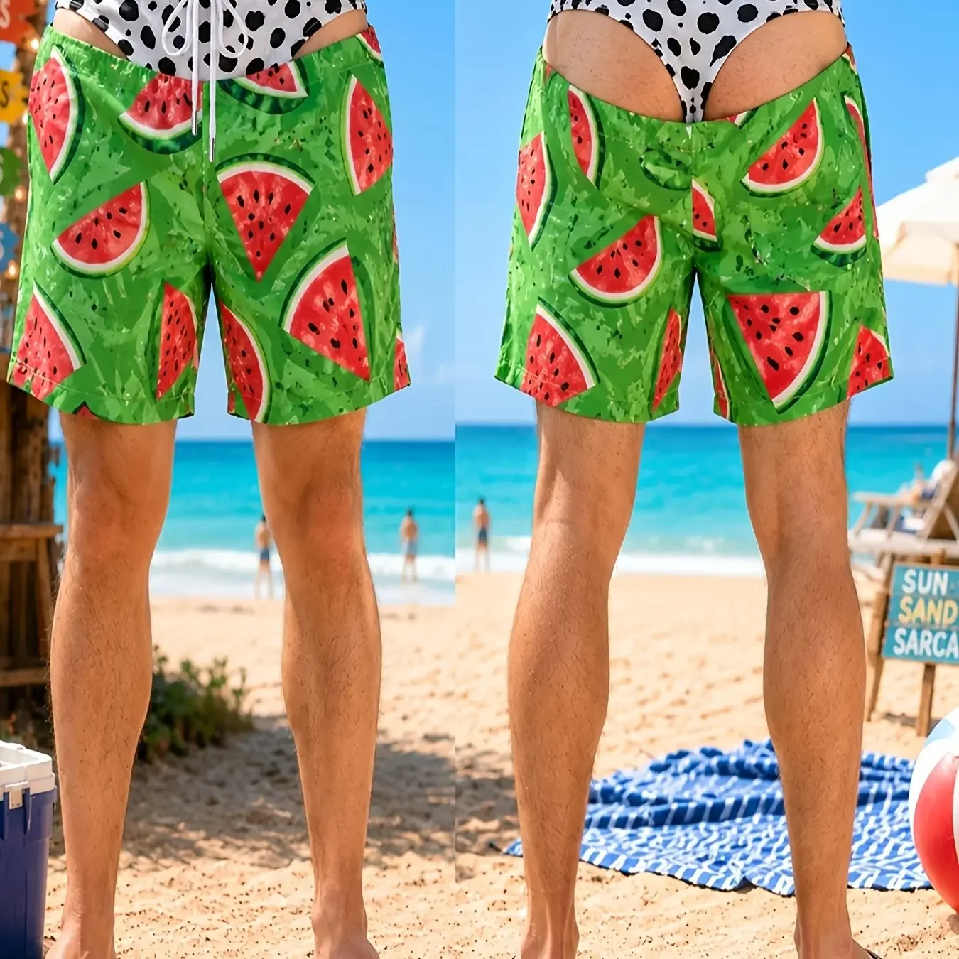 Men Funny Fake Gold Thong Visual Print Beach Shorts, Tropical Palm Tree Hawaiian Pattern, Novelty Prank Swim Trunks for Pool
