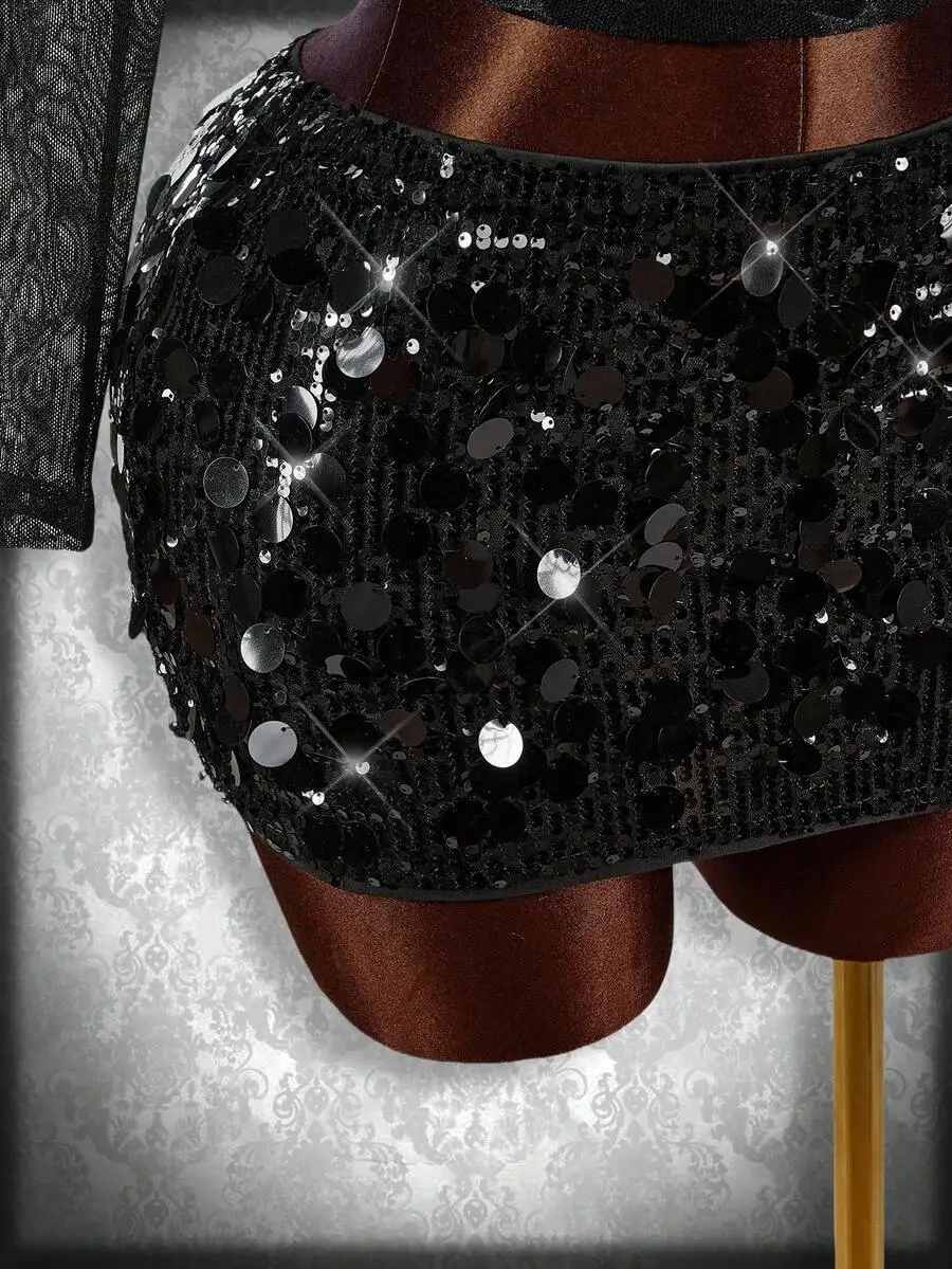 

Black Bodycon High Waist Super Short Sequined Mini Skirt For Women