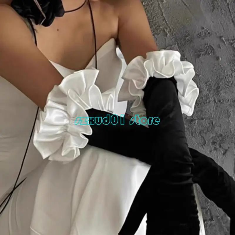 

1XCA Lady Evening Dinner Gloves Ruffle Elegant Full Finger Dark Gloves 1920s Women Ruffle Gloves Bridal Wedding Gloves