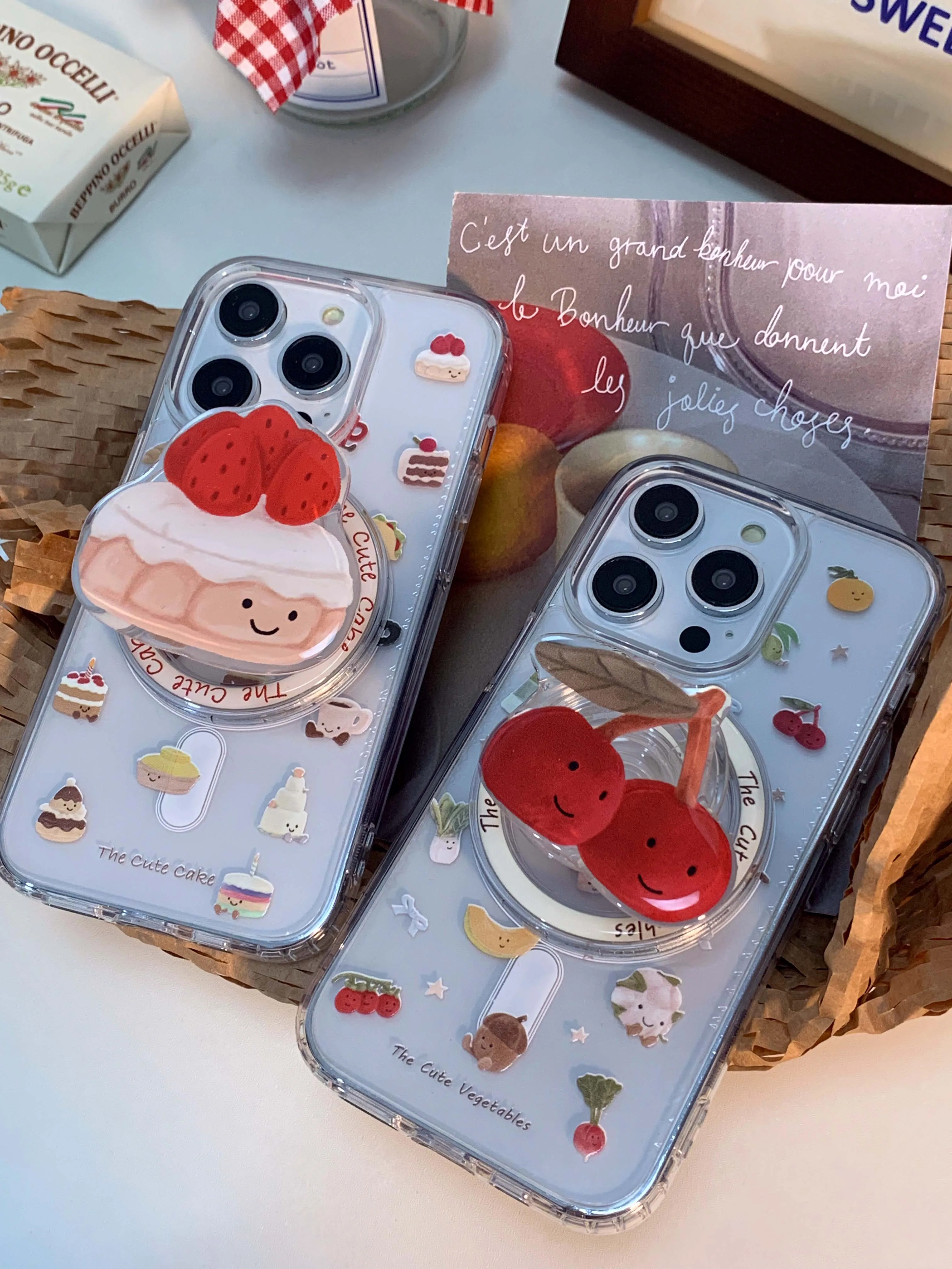 Cartoon Fruit Dessert Transparent Ins Funda For Iphone 15 13 Pro Max 15Pro 14Pro 12 Cherry Cake Stand Holder Magentic Phone Case