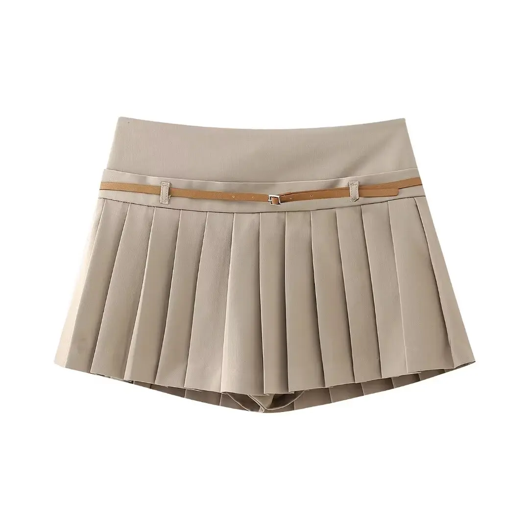 DUOPERI Women Fashion Solid Pleated Mini Skirt Shorts High Waist With Belt Female Chic Lady Casual Shorts