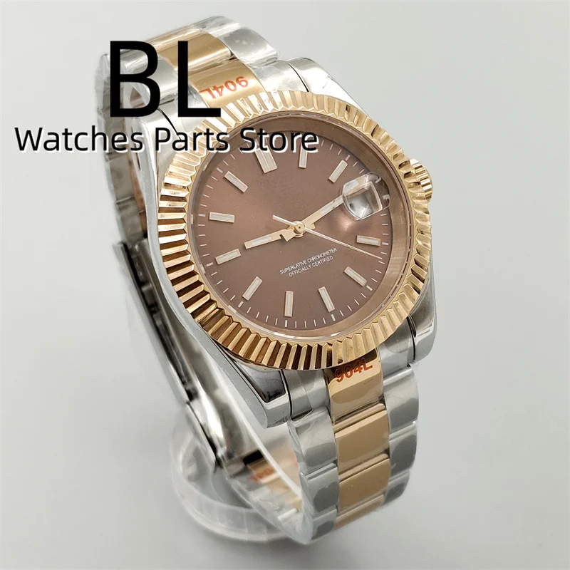 BLIGER 36mm/39mm Two Tone Rose Gold Mechanical Watch For Men NH35 Movement Sapphire Glass Brown Dial Rose Index Green Luminous