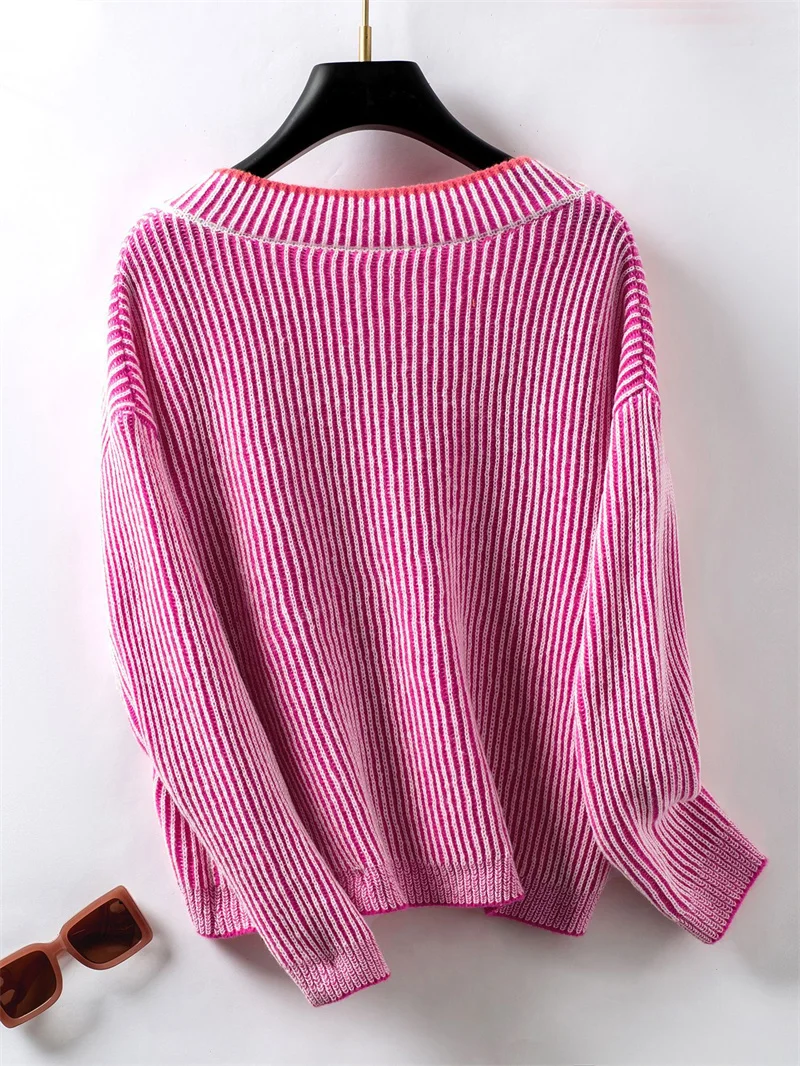 Fashion Women's Fall Sweater V Neck Striped Casual Long Sleeve Loose Pullover Knit Blouse Tops Oversized Women Knitted Tops