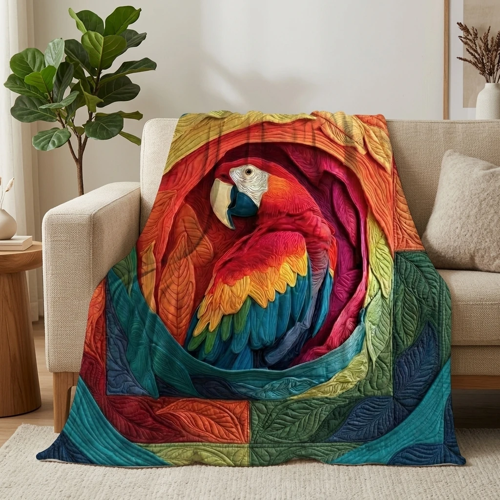 1PC Artistic Layered Macaw Portrait Thick Flannel Throw Blanket, Soft Warm Portable Throw, Perfect Gift for Adults Boys Girls