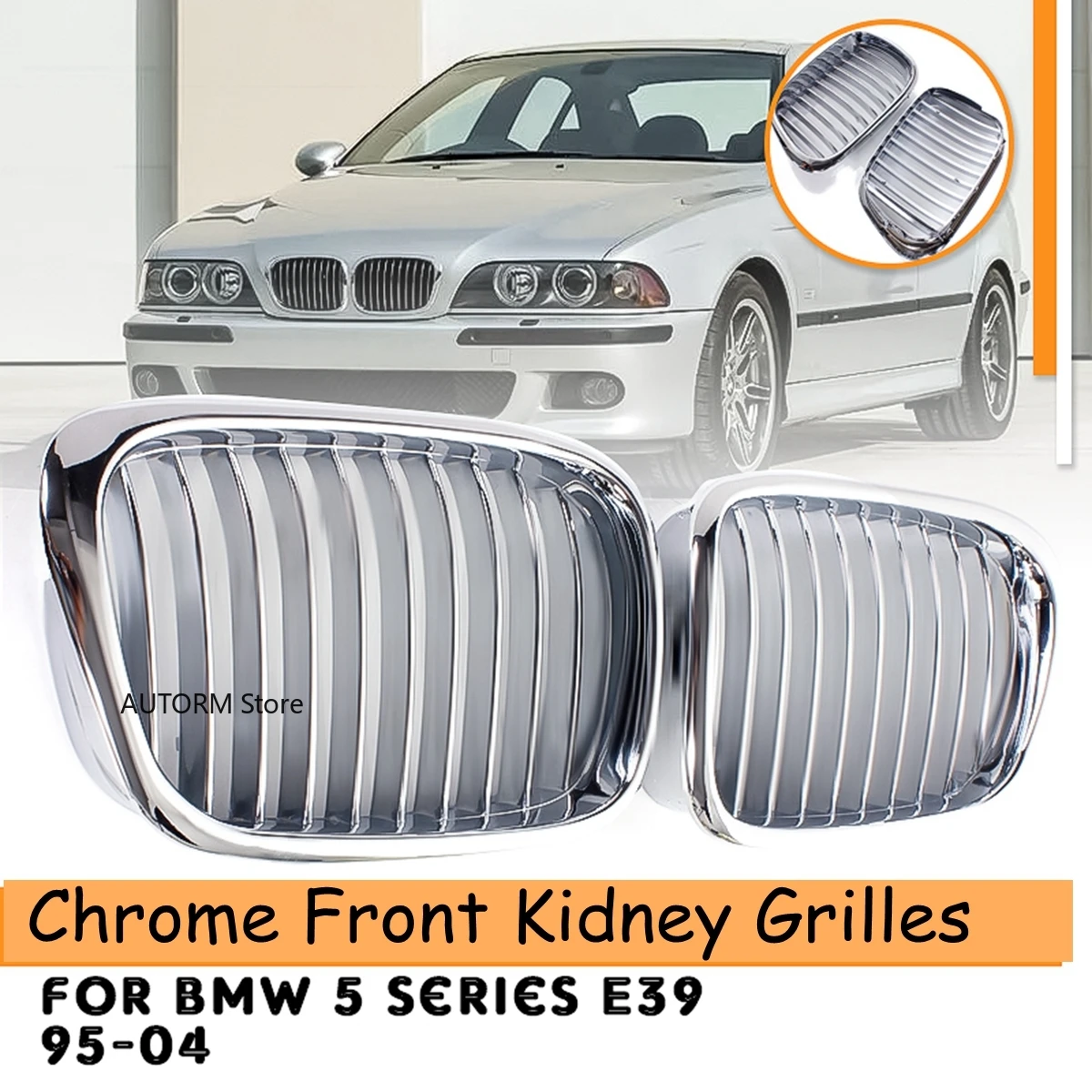 

Pair All Chrome Front Bumper Kidney Grill For BMW 5-Series E39 525 528 Sedan 1995 1996 1997 1998-2003 Front Hood Grille Grill