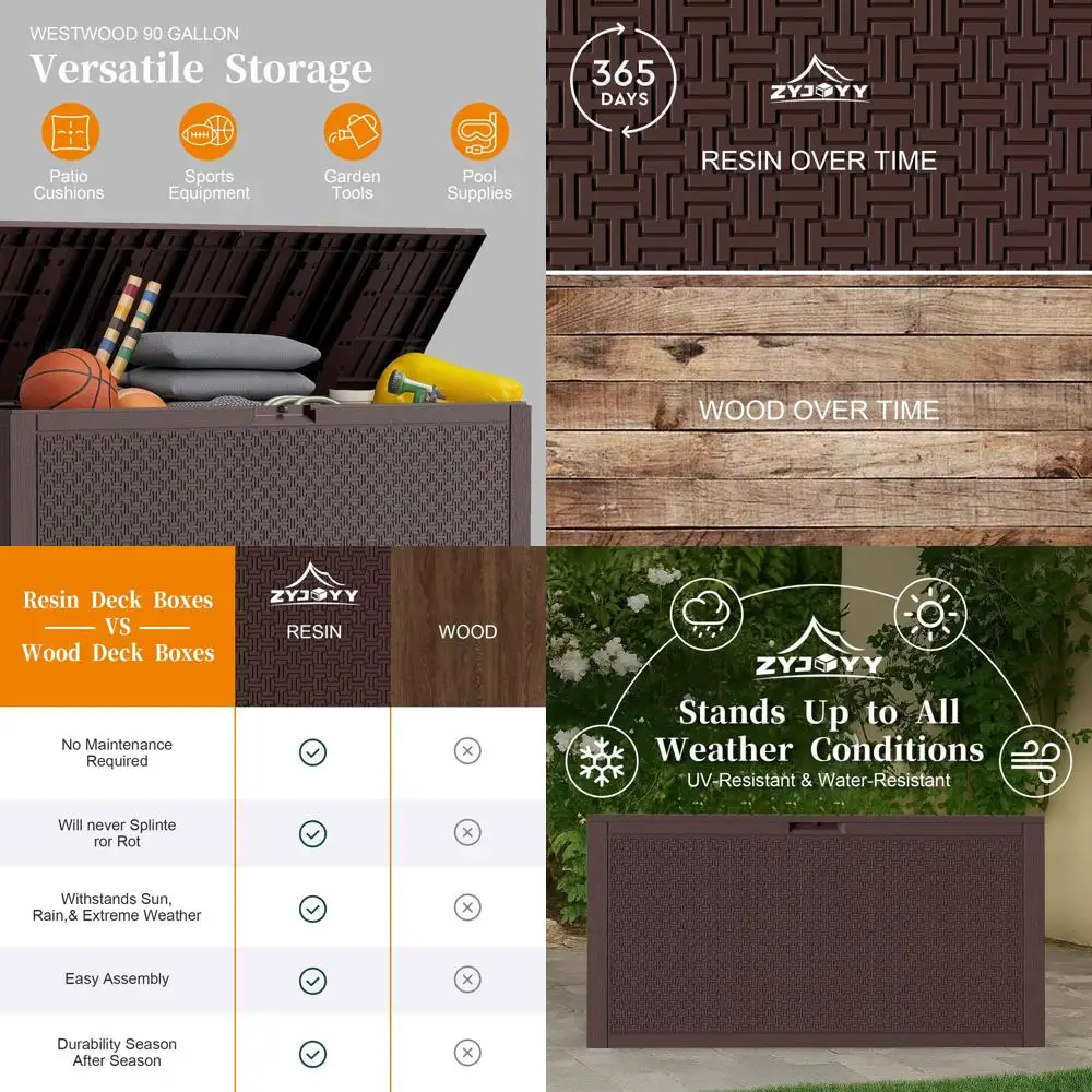 90 Gallon Resin Deck Box, Weatherproof Outdoor Storage Box for Patio, Garden, Pool, and Yard, Lockable Waterproof Bin for Tools,