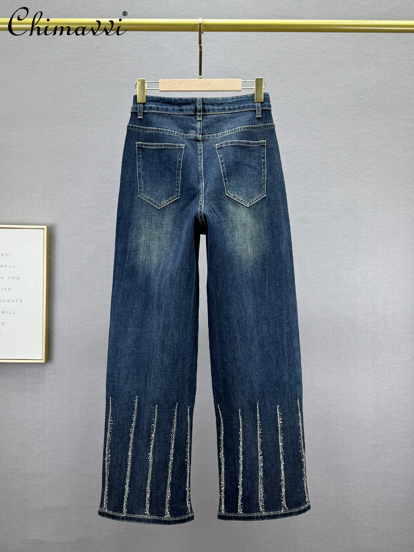 Heavy Rhinestone Jeans Women Straight-leg Pants 2025 Autumn New Fashion High-waisted Loose Slim European Extended Length Pants