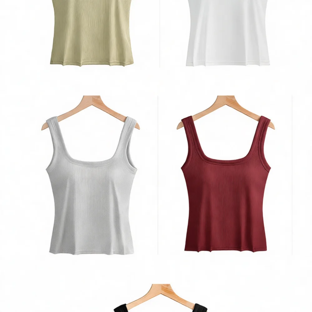 Elegant Ribbed Tank Top Women Square Neck Sleeveless Vest Built In Pads Solid Color Slim Fit Casual Base Layer Clothing