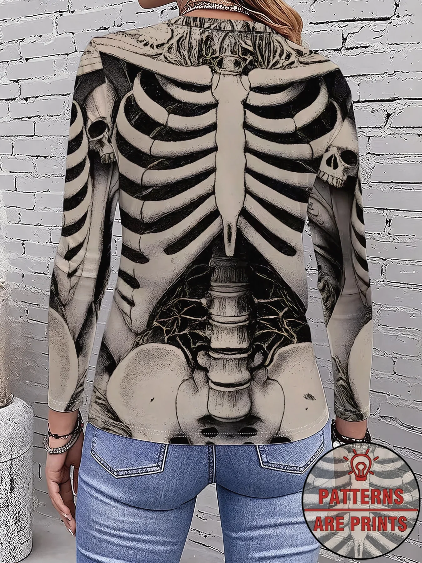 Women Long Sleeve Top Halloween Skeleton Ribcage Print Crew Neck Autumn Festival Gift Casual Daily Wear Women's Clothes