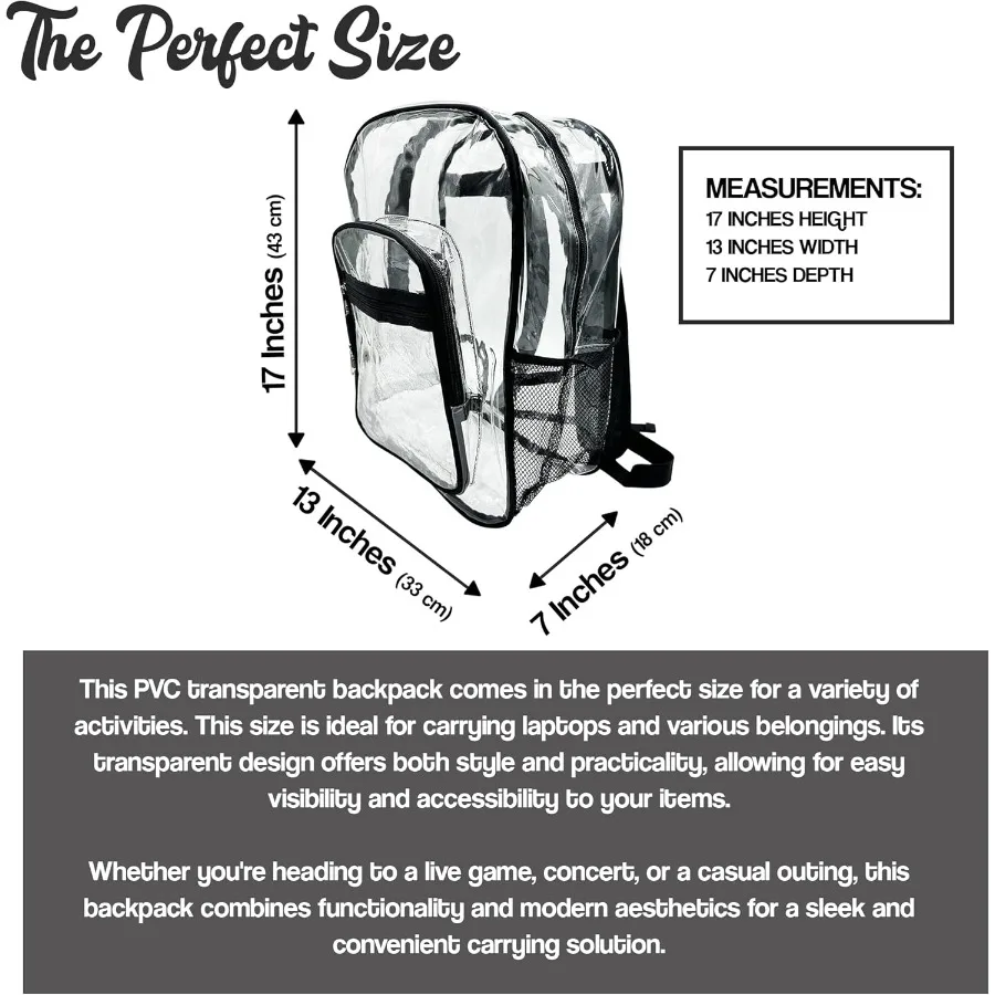 24er-Pack transparenter Rucksack aus transparentem PVC, 40,6 cm, robust, wasserabweisend, für Sportstadiums, Festivals, Konzerte, Schwarz