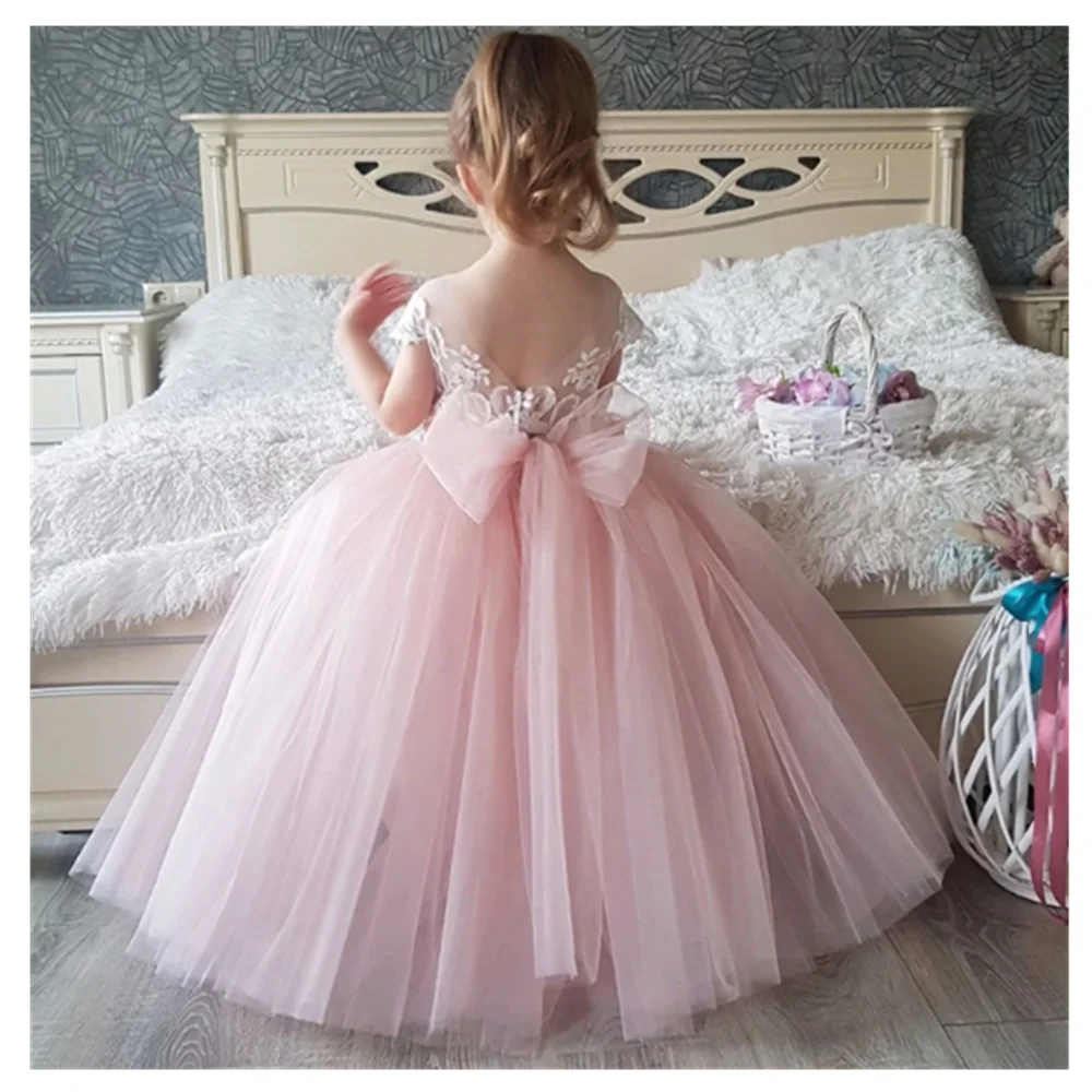 

Customized Pink Flower Girl Dresses Tulle Appliques With Bow Sleeveless For Wedding Birthday Party First Communion Gowns