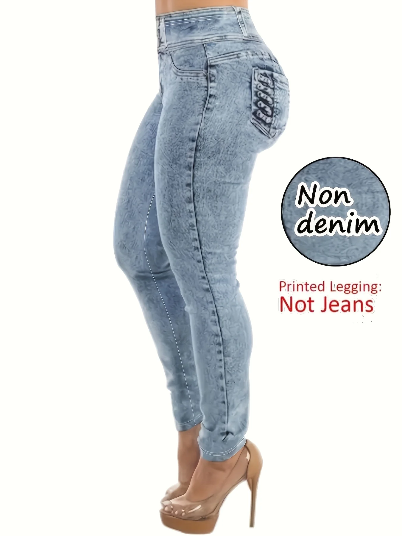 Fashion Printed Faux Denim Skinny Pants, High Waist Elastic Hip Lifting Tummy Control Outerwear Long Leggings