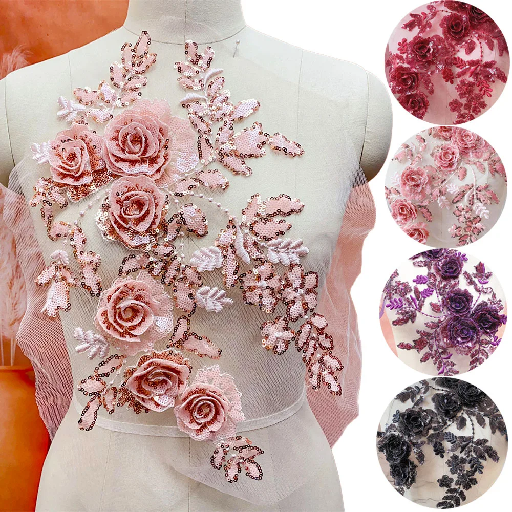 1PC White Sequins Floral Applique 3D Embroidery Rose Flower Patch for Women Bridal Veil Evening Dress Costumes DIY Sew On Decor