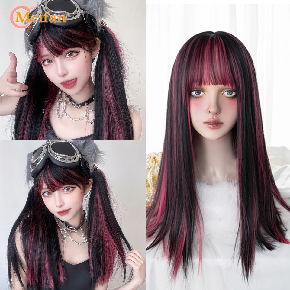 MEIFAN Synthetic Cosplay Lolita Long Water Wavy Curly Wig Color Anime Wig for Women Hair Blue Pink Ombre Harajuku Wig Daily Wear