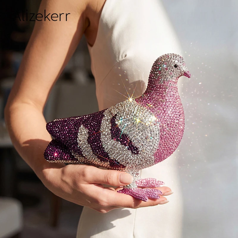 

Alizekerr Pigeon Crystal Evening Bag Women 2026 Elegant Novelty Sparkly Rhinestone Bird Metallic Clutch Purse For Formal Events