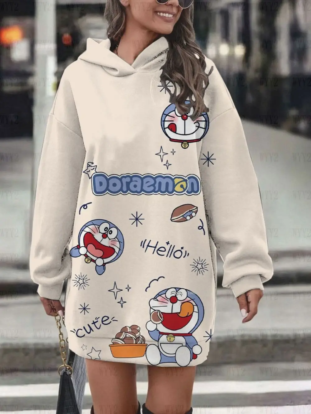

Hooded Pullover Fashion Trend Street Style Cartoon Anime Doraemon Print Sweet Ladies Sweater Autumn and Winter