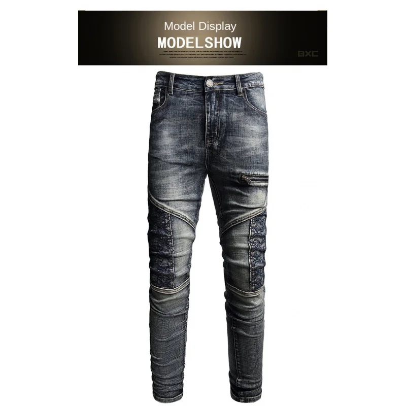 

2026 Motorcycle Jeans Men's Street Party Trend Casual Patchwork Design Men's Fashion New Style Skinny Pants