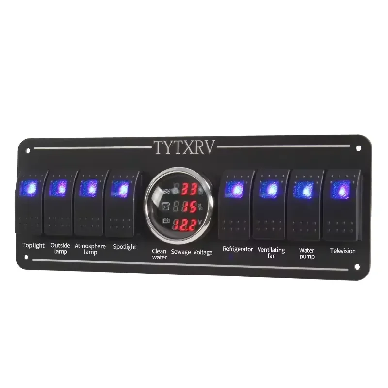 TYTXRV RV Camper Accessories 8-way RV Switch Control Panel Switch with Water Gauge Blue Backlight Switch Button