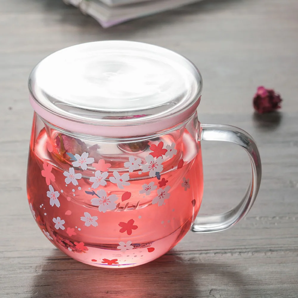 Sakura Mug Glass Mug with Tea Infuser Filter&Lid Cherry Cup Set Blossoms Flower Teacup Transparent Heat Resistant Glasses