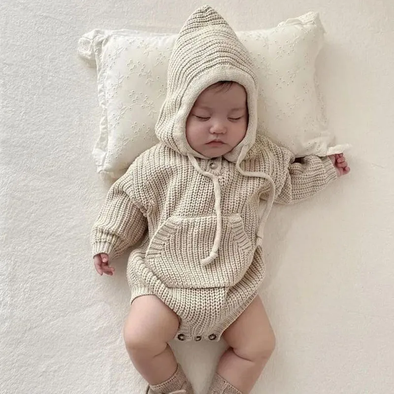 Autumn Spring Korean Style Knitting Climbing Suit Long Sleeved Solid Color Hooded Knitting Toddler Baby Boys Girl Romper