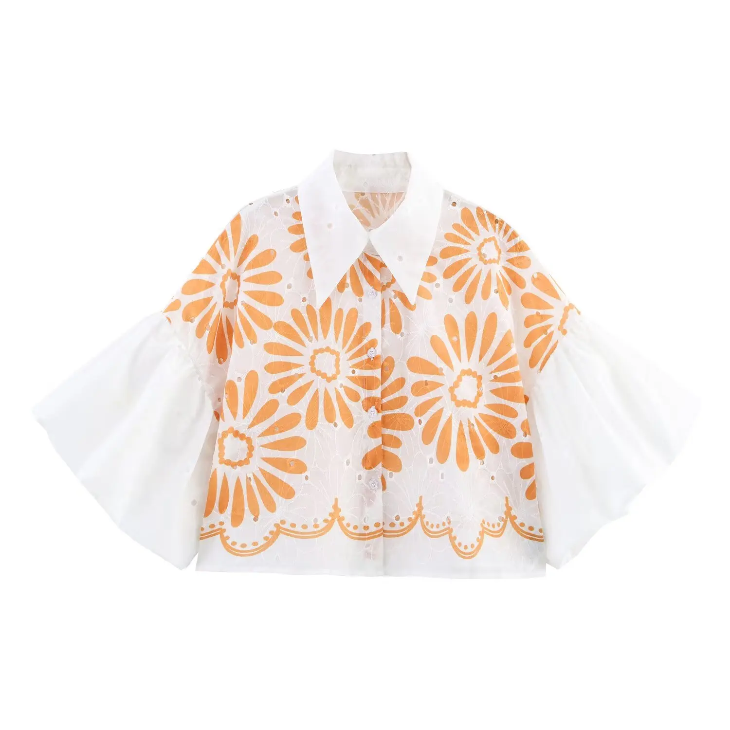 

Korejepo New Women Blouse Versatile European American Style Loose Commuting Bubble Sleeves Short Shirt Top