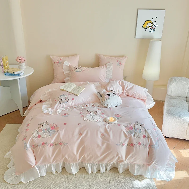 Pink Pure cotton cute cartoon cat embroidery 3/4Pcs Girls children's room bedroom bedding set ins style quilt cover bed sheet