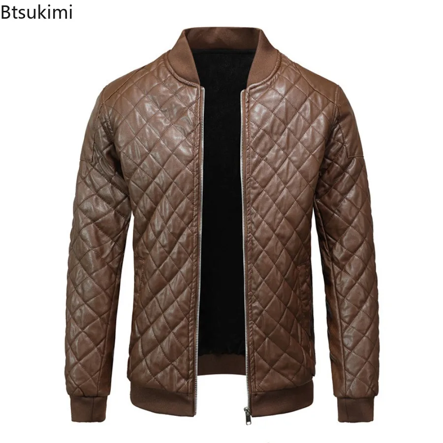 Men's Zipper Pocket Closure Hem Coats Autumn and Winter Casual Stand Collar Leather Jacket Machine Line Cotton Leather Jackets