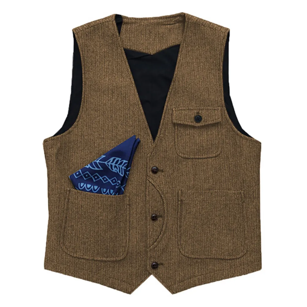 Men Suits Herringbone Wood Vest  V Neck With Real Pocket Slim Fit Formal Business Waistcoat For Groomsemen Wedding