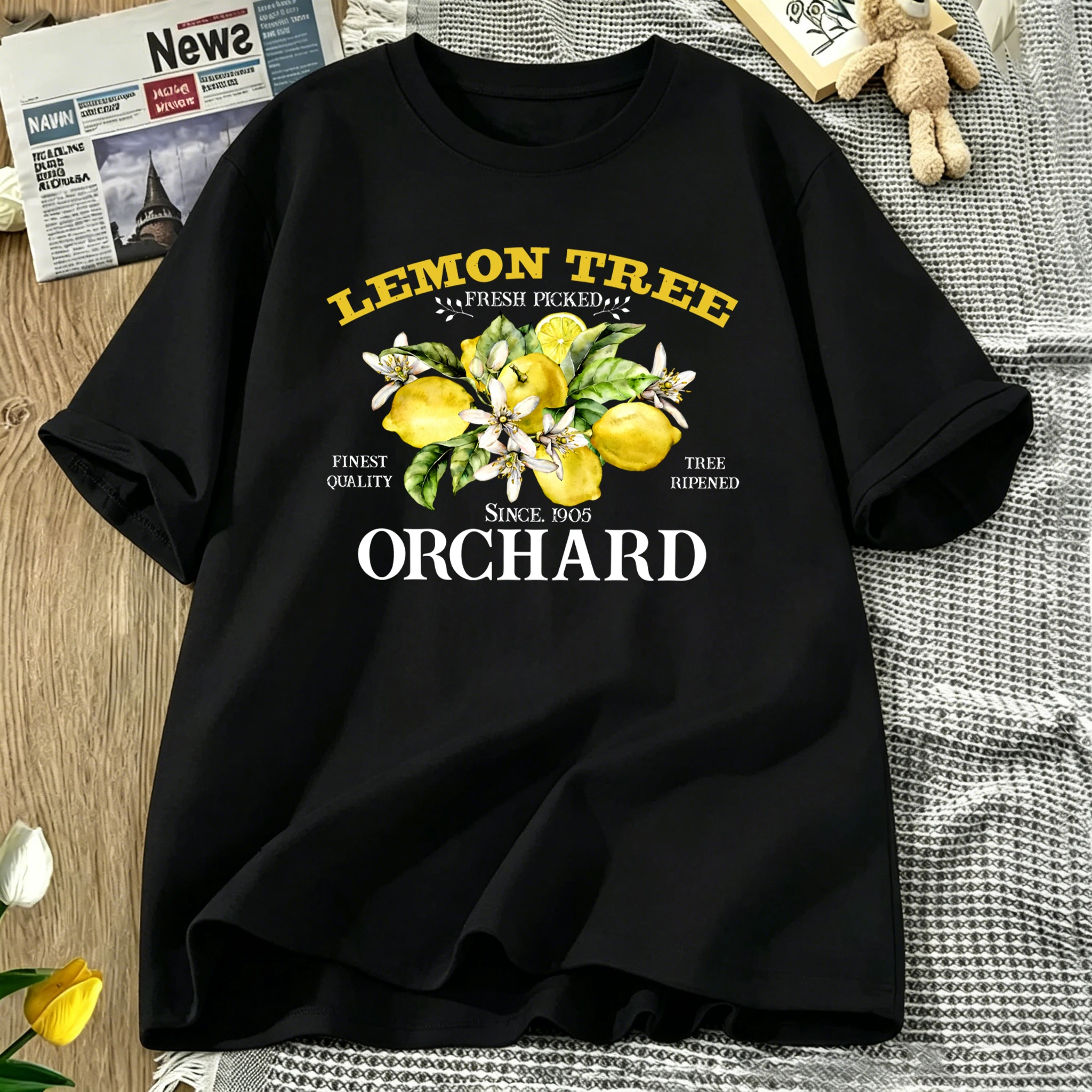 Lemon Tree Fresh Picked Orchard Printed T-Shirt Women Cotton Loose T Shirts All-Match Summer Clothing Comfortable Y2K Streetwear