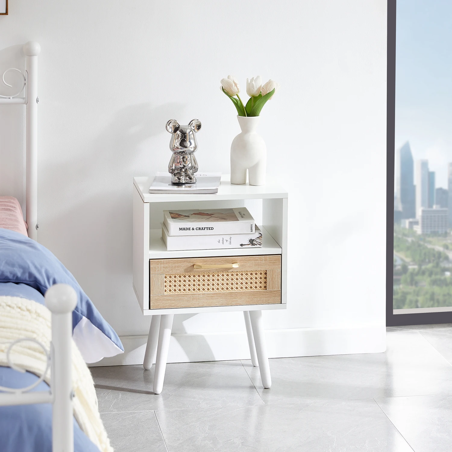 

15.75" Rattan End Table with Drawer, Solid Wood Legs - Modern Nightstand for Living Room, Bedroom (White)
