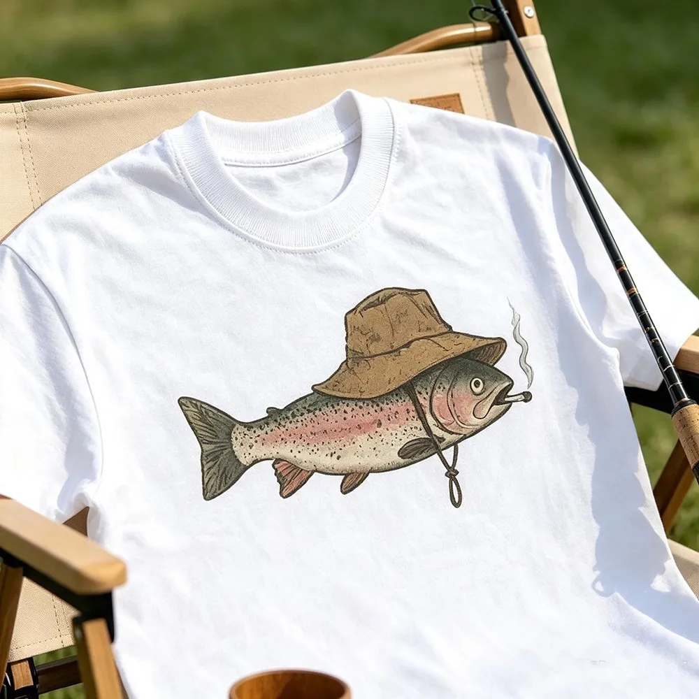 Vintage Fishing Trout Graphic T‑Shirt, Unisex Crew Neck Short Sleeve Tee, Retro Fisherman Fish Illustration Print Outdoor Camping Angler Casual Streetwear Tops party wear