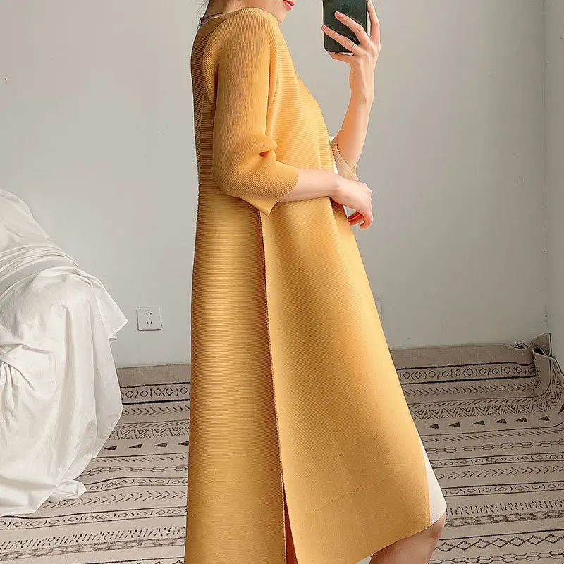 Miyake Pleated Elegant Mid Length Dress with Matched Temperament, Commuter Loose Contrast Color Dress, A-line Dress, Fashionable