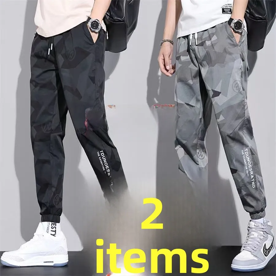 

Осенние мужские тонкие повседневные брюки из ледяного шелка, свободные рабочие брюки-карго, модные свободные брюки-клеш с камуфляжным принтом, дышащие и удобные