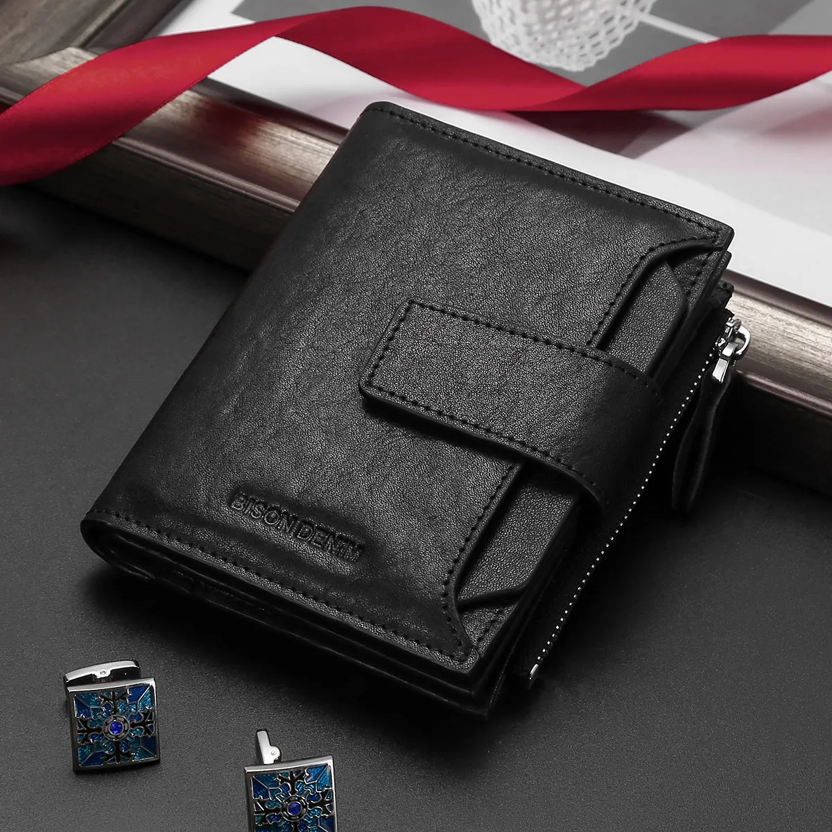 BISON DENIM Genuine Leather Men Trifold Wallet Fashion Female Purse With Zip Coin Pocket High Quality Multi-Cards Holder