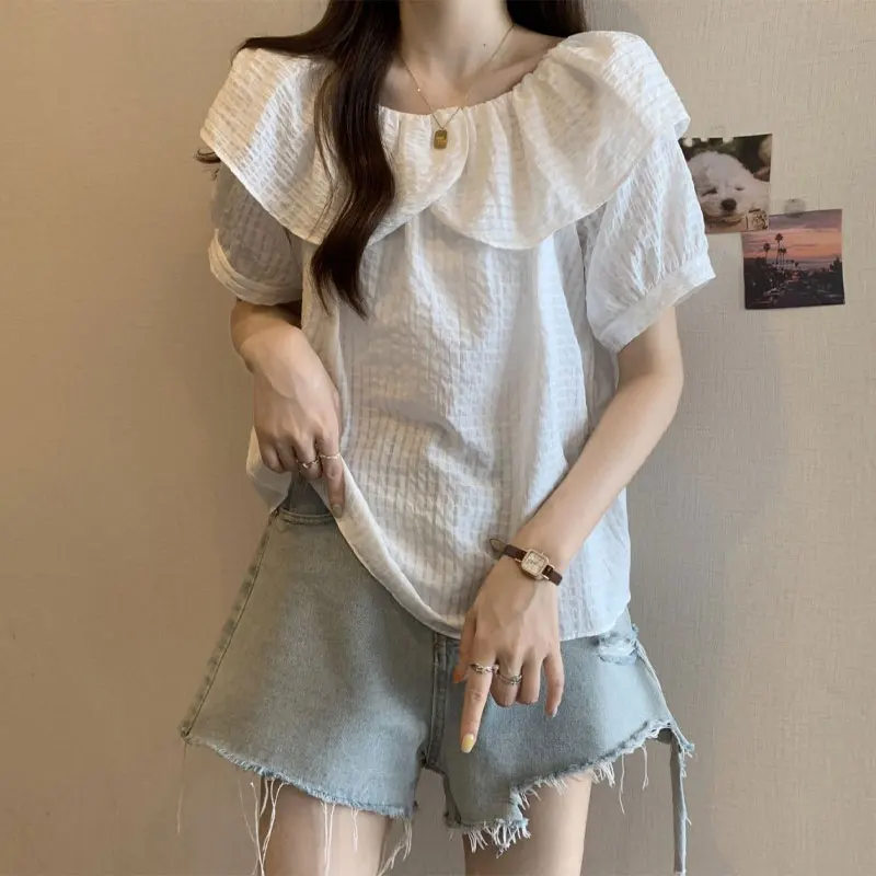 French Style Slash Neck Shirt Women\'s Clothing Sweet Ruffles Spliced Summer Solid Color Stylish Folds Basic Loose Casual Blouse