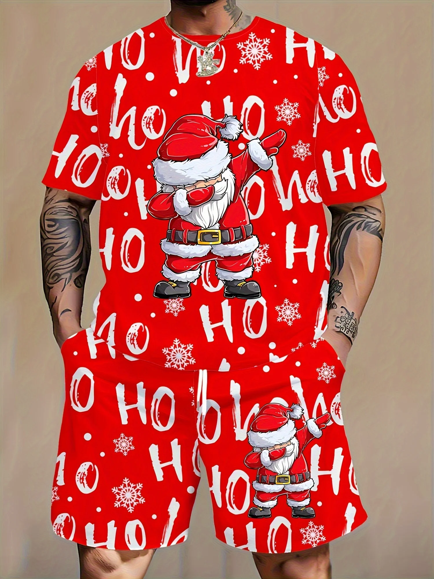 Conjunto de ropa deportiva informal de talla grande para hombre, camiseta y pantalones cortos con estampado de Papá Noel en 3d, conjunto de chándal con letras y copos de nieve de Navidad Y2k