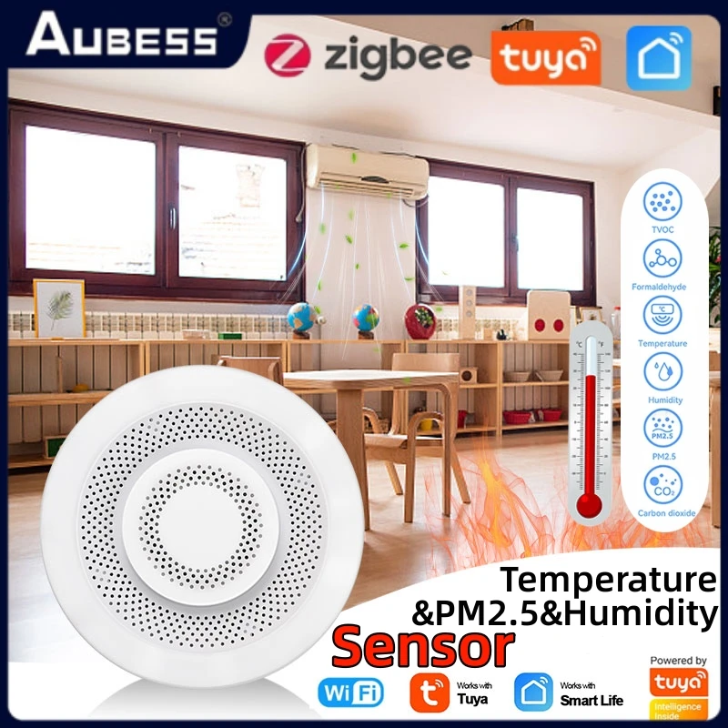 Tuya Zigbee/WiFi Air Quality Sensor Monitor Smart Air Box PM2.5 CO2 Meter Formaldehyde VOC Temperature Humidity Sensor & Gateway