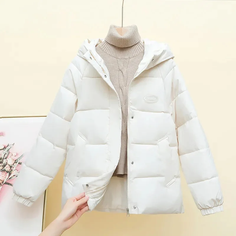 2025 novo inverno feminino curto parka solto algodão-acolchoado jaqueta senhora casacos quentes moda estudante capuz engrossar casaco feminino parkas