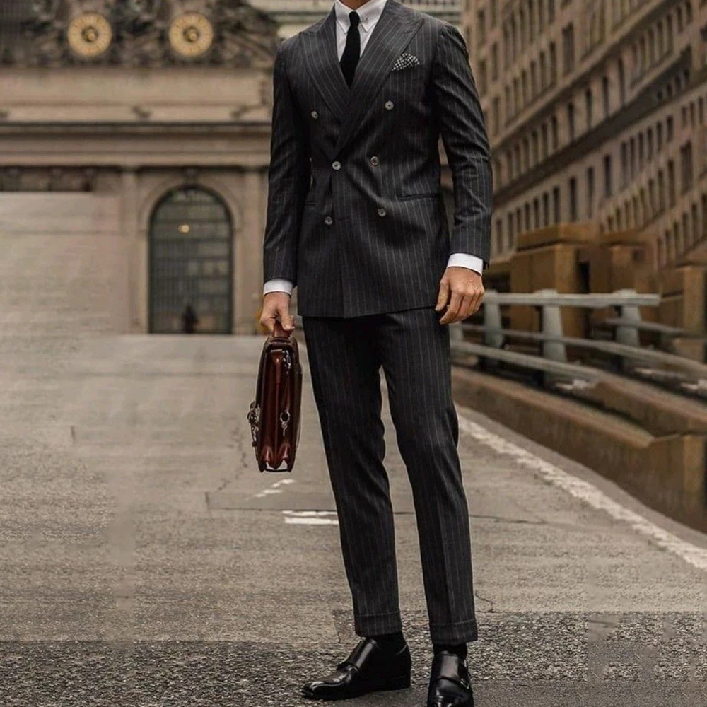 

Элегантные темно-серые мужские костюмы, двубортный деловой Блейзер, Модный облегающий костюм из двух предметов, пиджак и брюки, мужской костюм для свадьбы