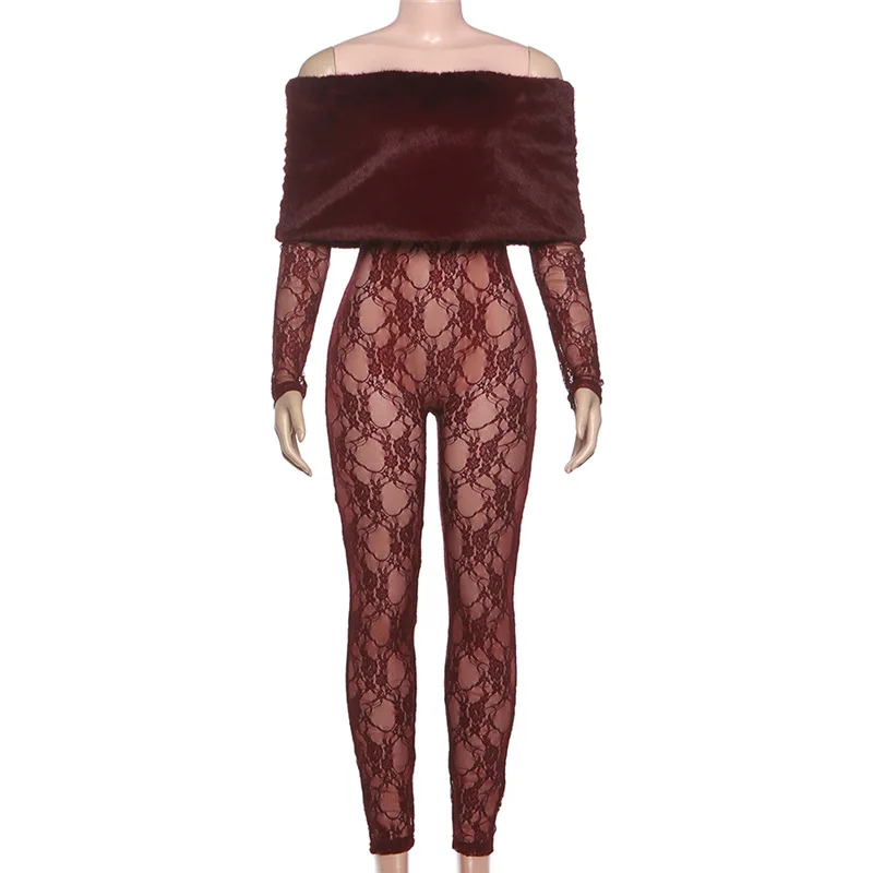 Faux Fur Patchwork See Through Mesh Lace Jumpsuits Women Elegant Sexy Slash Neck Off Shoulder Long Sleeve Club Party Overalls