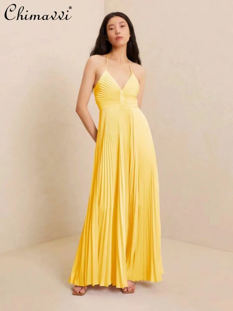 

Summer 2024 Yellow V-neck Suspender Sexy Maxi Dress Sleeveless Backless Lace-up High Waist Pleated A-line Long Beach Dress Women